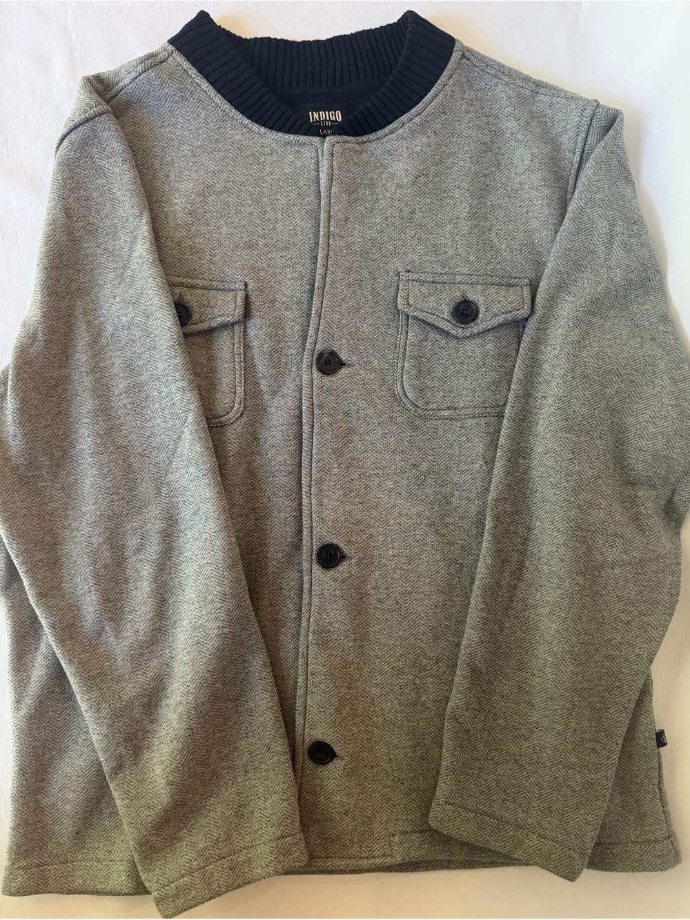 Indigo Star Men's Grey Herringbone Crewneck Wool Look Jacket - Picture 4 of 5